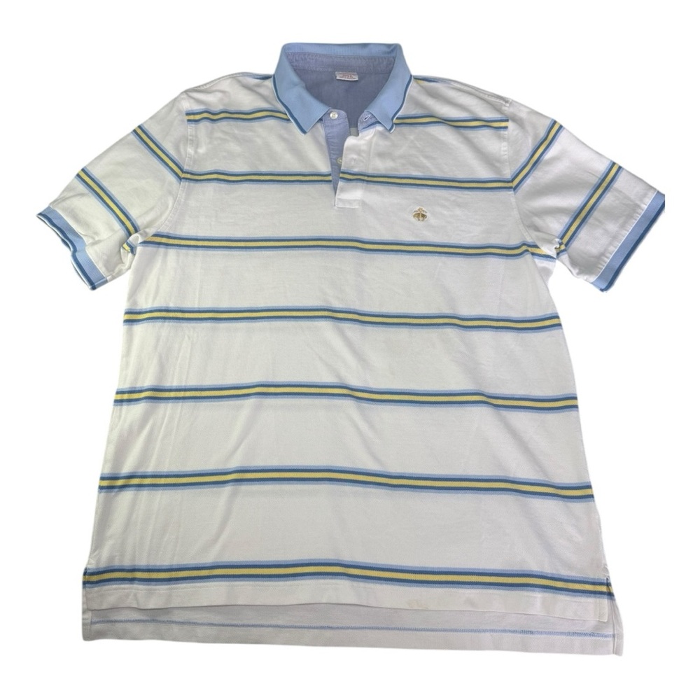 Men’s Brooks Brothers Pique Polo Blue Yellow White Striped Shirt Size XL